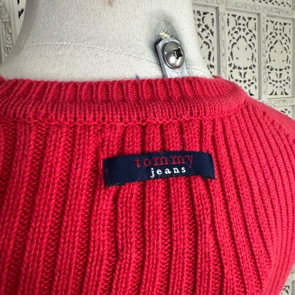 Vintage Tommy Hilfiger Tommy Jeans Red Ribbed Crewneck Fitted Sweater Sz XS - Picture 6 of 7